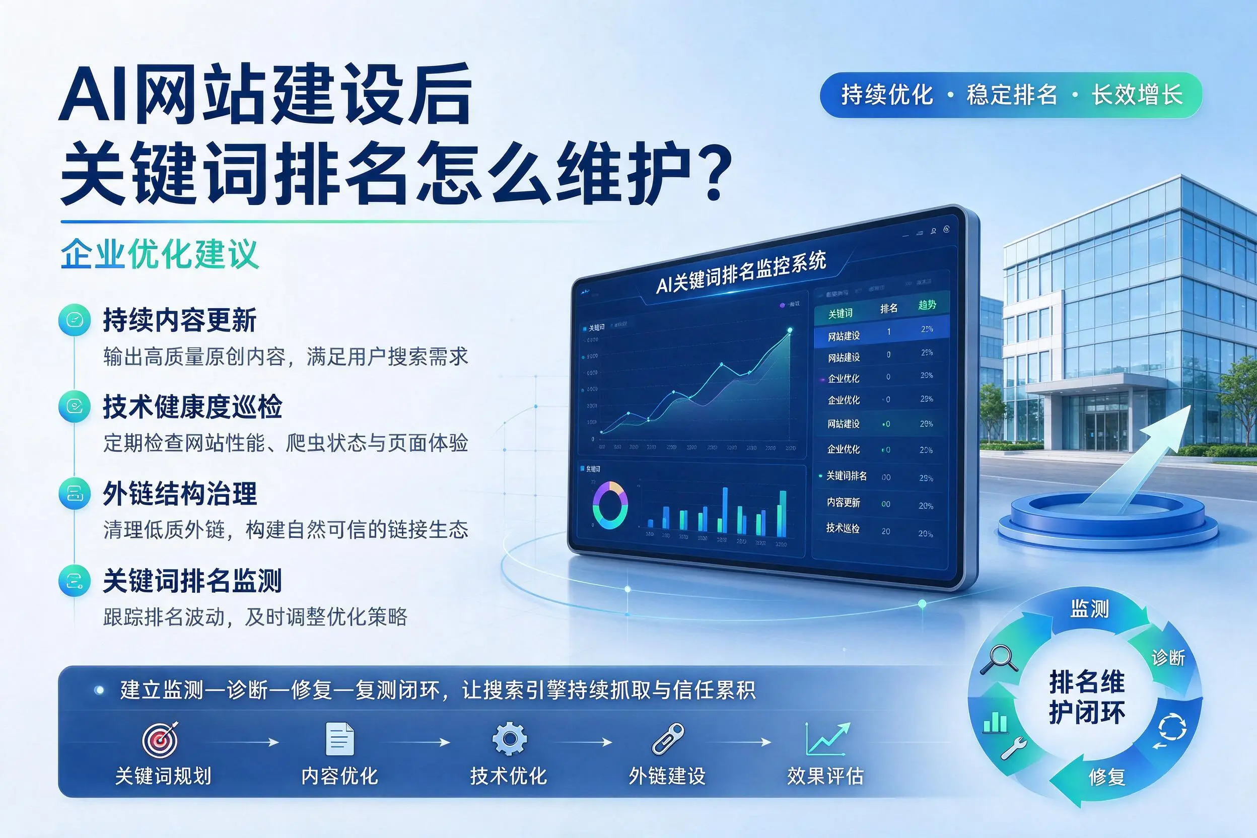 AI网站建设后关键词排名怎么维护？重庆城区企业优化建议