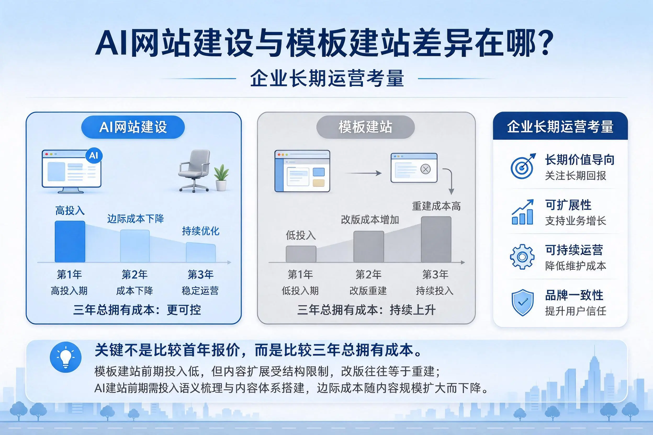 AI网站建设与模板建站差异在哪?重庆城区企业长期运营考量
